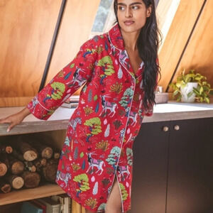 Anthropologie PrintFresh Antelope's Forest Cotton Button Front Sleep Dress